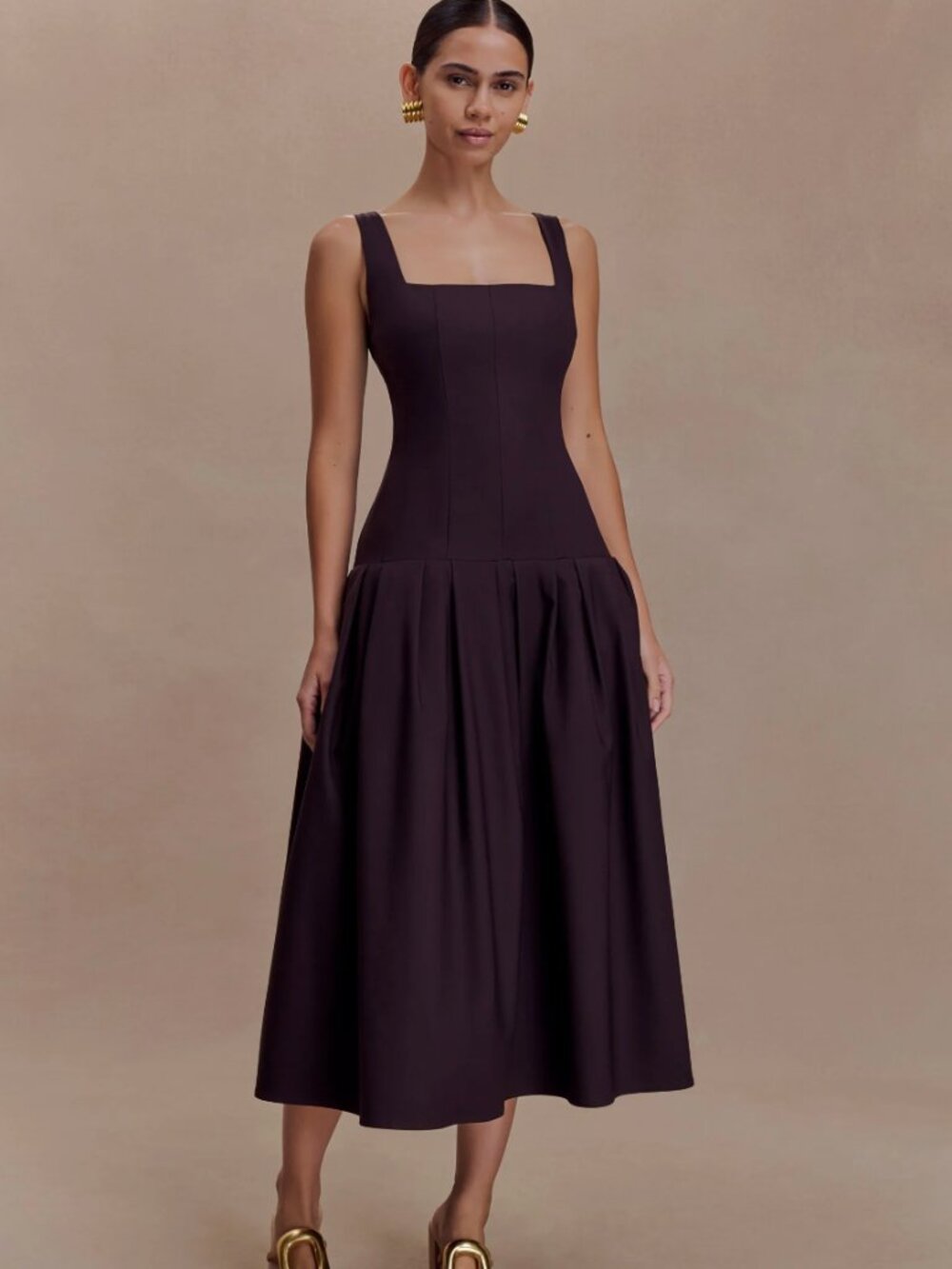 Meshki NWT Natascha Drop Waist Cotton Midi Dress in Chocolate Brown - Size XXL